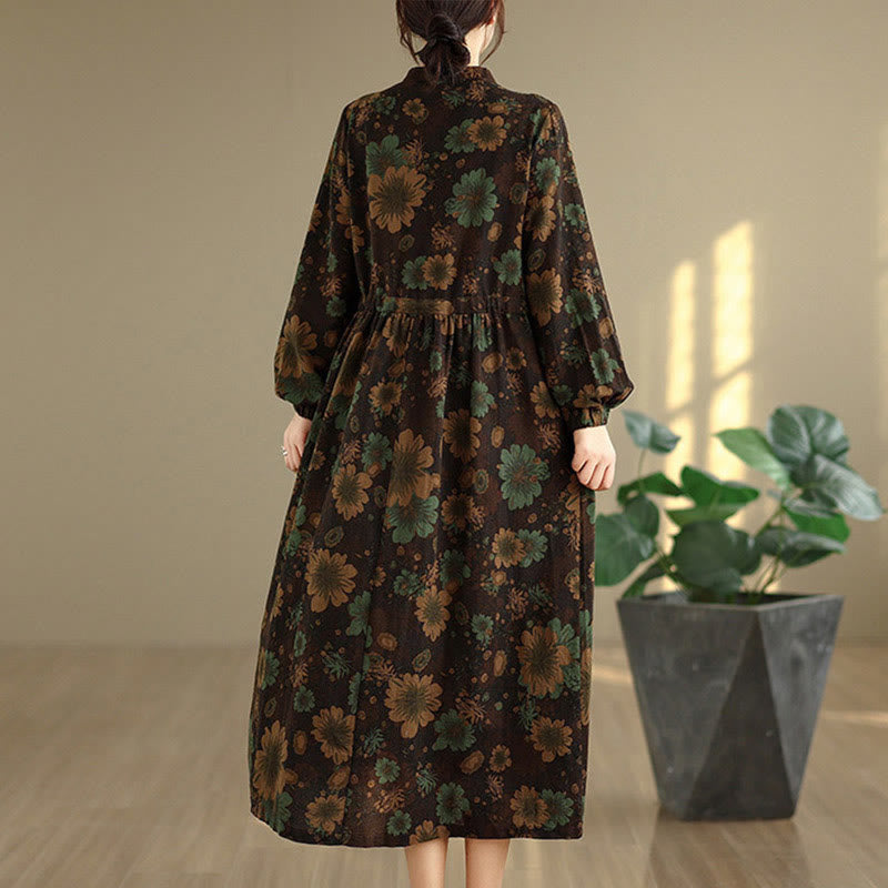 Nimara Ritual Flower Pattern Long Sleeve Cotton Midi Dress With Pockets