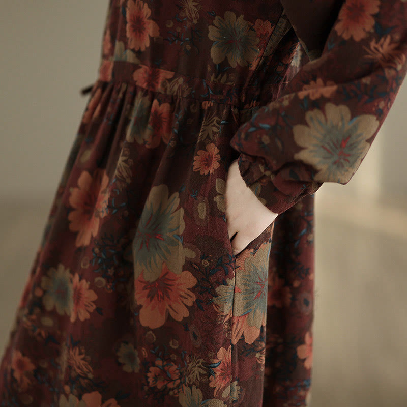 Nimara Ritual Flower Pattern Long Sleeve Cotton Midi Dress With Pockets