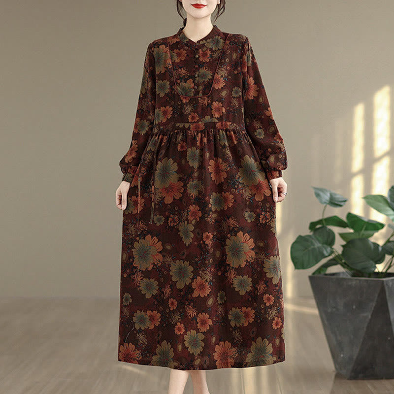 Nimara Ritual Flower Pattern Long Sleeve Cotton Midi Dress With Pockets