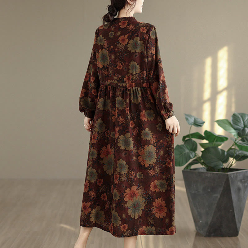 Nimara Ritual Flower Pattern Long Sleeve Cotton Midi Dress With Pockets