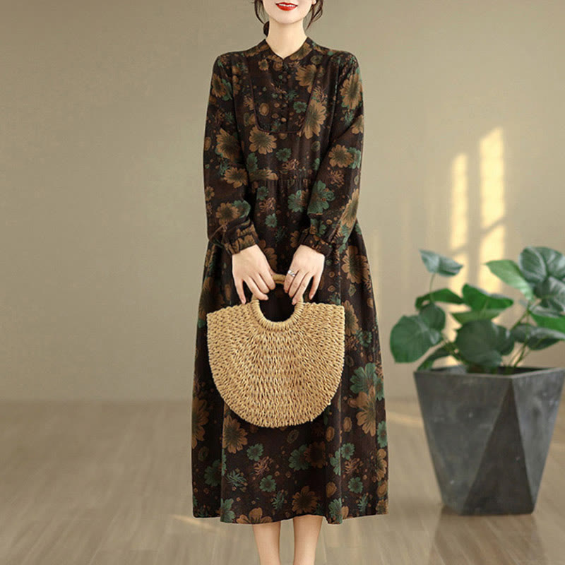 Nimara Ritual Flower Pattern Long Sleeve Cotton Midi Dress With Pockets