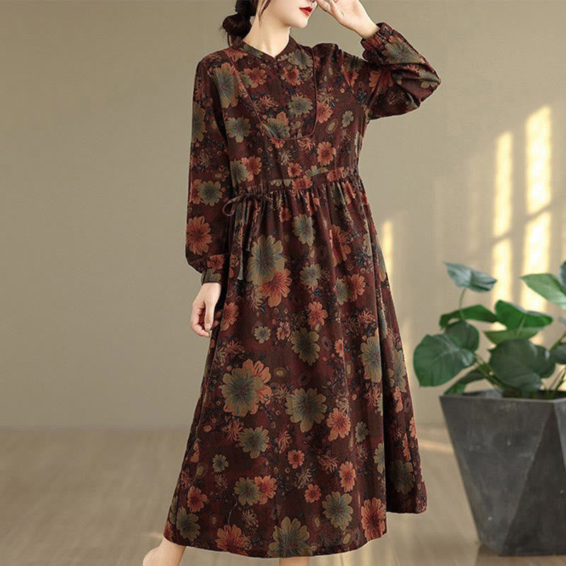 Nimara Ritual Flower Pattern Long Sleeve Cotton Midi Dress With Pockets