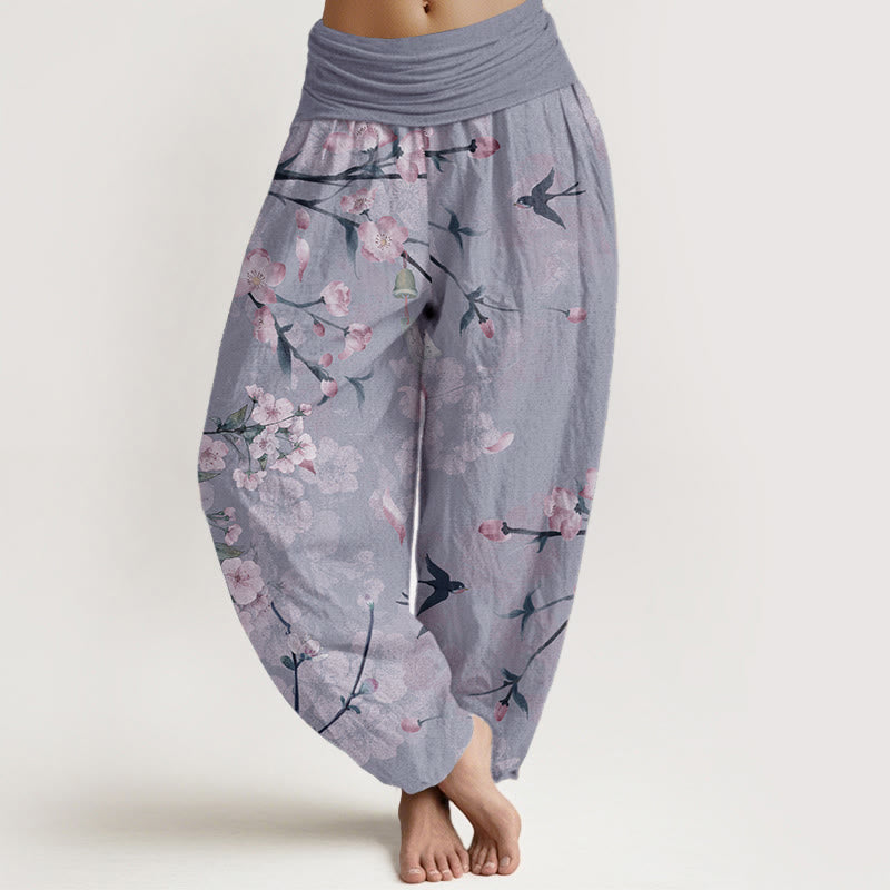 Nimara Ritual Cotton Peach Blossoms Flying Geese Pattern Women's Elastic Waist Harem Pants