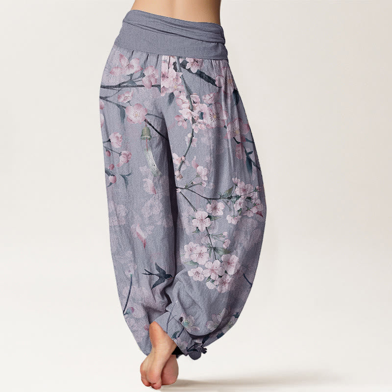 Nimara Ritual Cotton Peach Blossoms Flying Geese Pattern Women's Elastic Waist Harem Pants