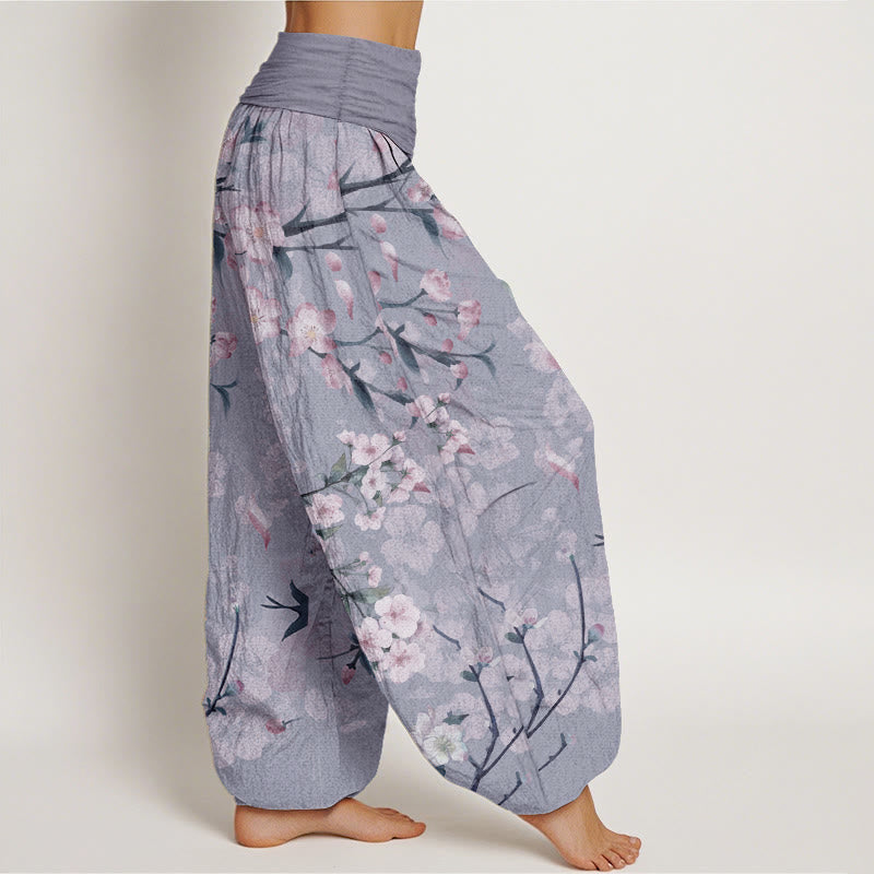 Nimara Ritual Cotton Peach Blossoms Flying Geese Pattern Women's Elastic Waist Harem Pants