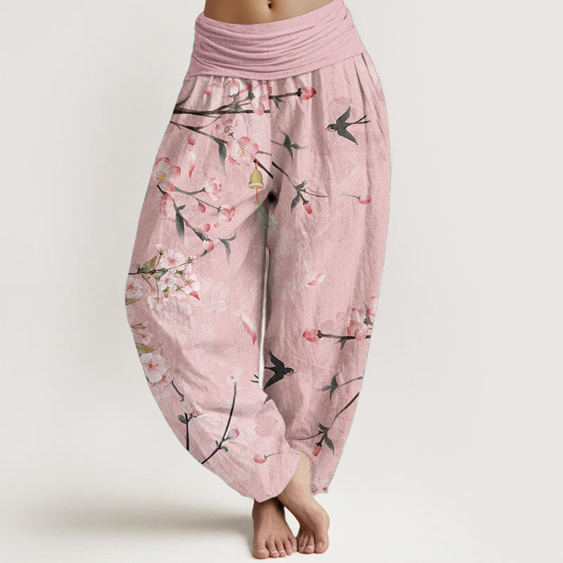 Nimara Ritual Cotton Peach Blossoms Flying Geese Pattern Women's Elastic Waist Harem Pants