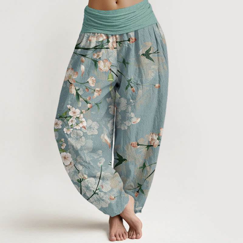 Nimara Ritual Cotton Peach Blossoms Flying Geese Pattern Women's Elastic Waist Harem Pants