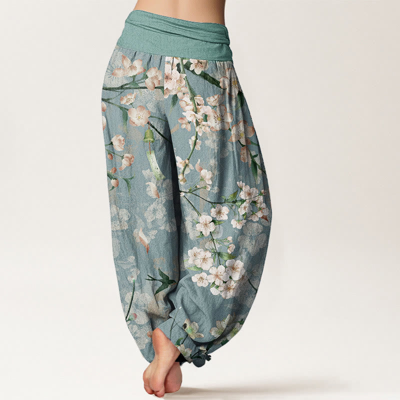 Nimara Ritual Cotton Peach Blossoms Flying Geese Pattern Women's Elastic Waist Harem Pants