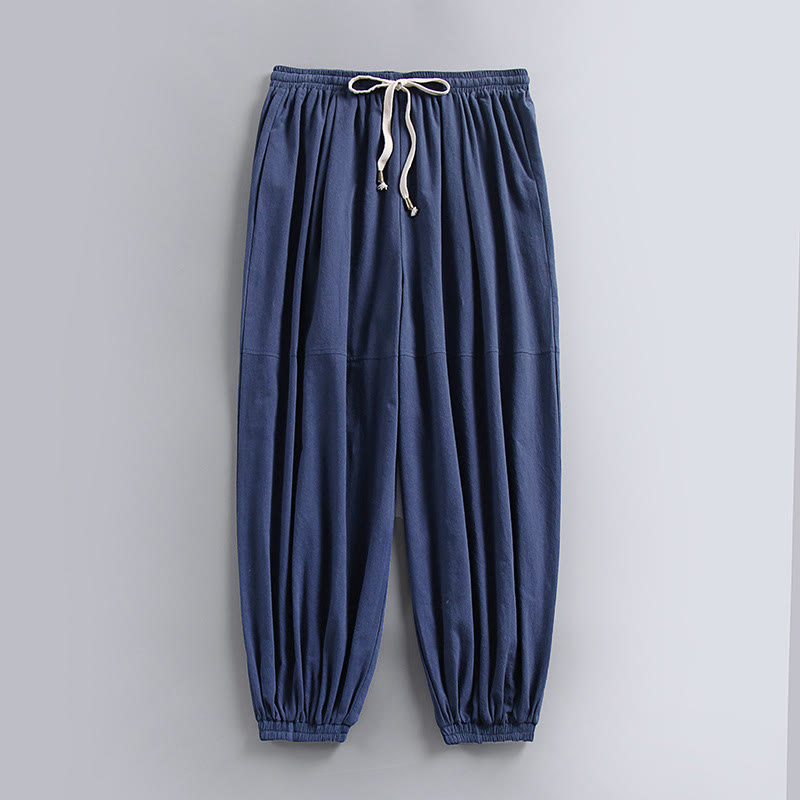 Nimara Ritual Plain Drawstring Tapered Ankle-Length Men's Cotton Linen Pants With Pockets