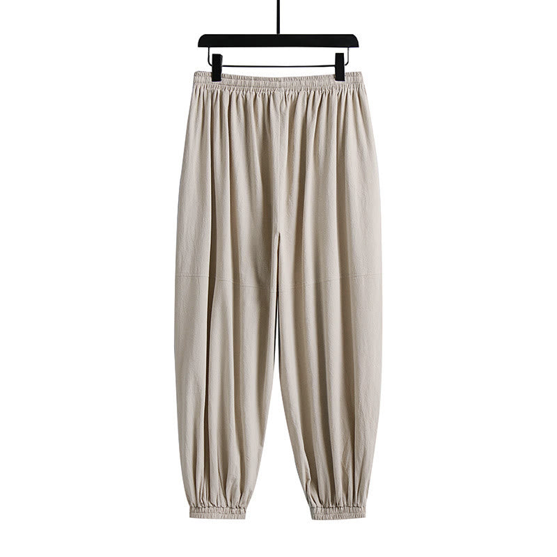 Nimara Ritual Plain Drawstring Tapered Ankle-Length Men's Cotton Linen Pants With Pockets