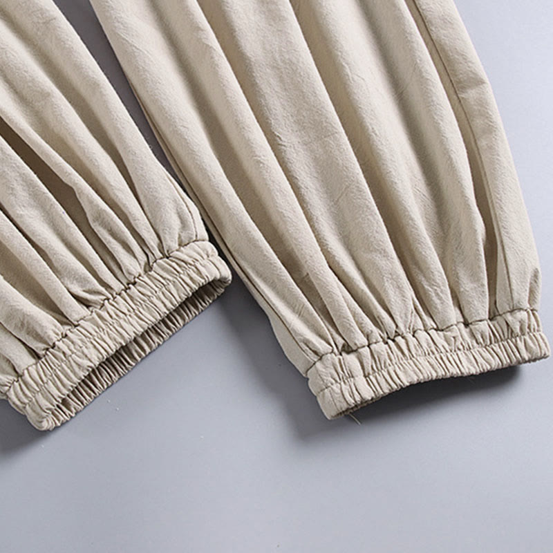 Nimara Ritual Plain Drawstring Tapered Ankle-Length Men's Cotton Linen Pants With Pockets