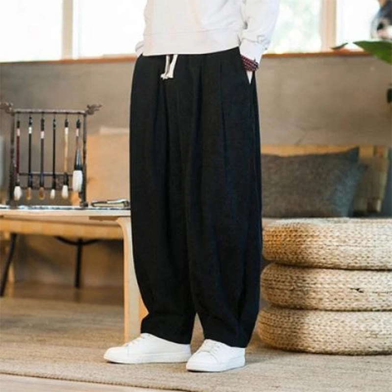 Nimara Ritual Retro Men's Plain Fleece-Lined Corduroy Simple Design Harem Pants With Pockets