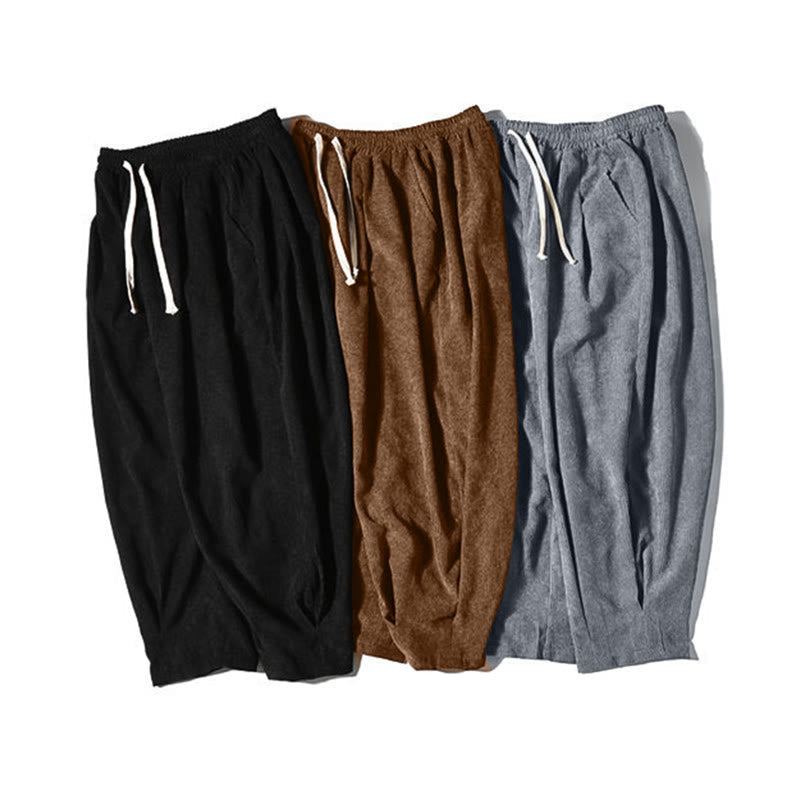 Nimara Ritual Retro Men's Plain Fleece-Lined Corduroy Simple Design Harem Pants With Pockets