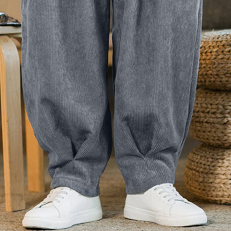 Nimara Ritual Retro Men's Plain Fleece-Lined Corduroy Simple Design Harem Pants With Pockets