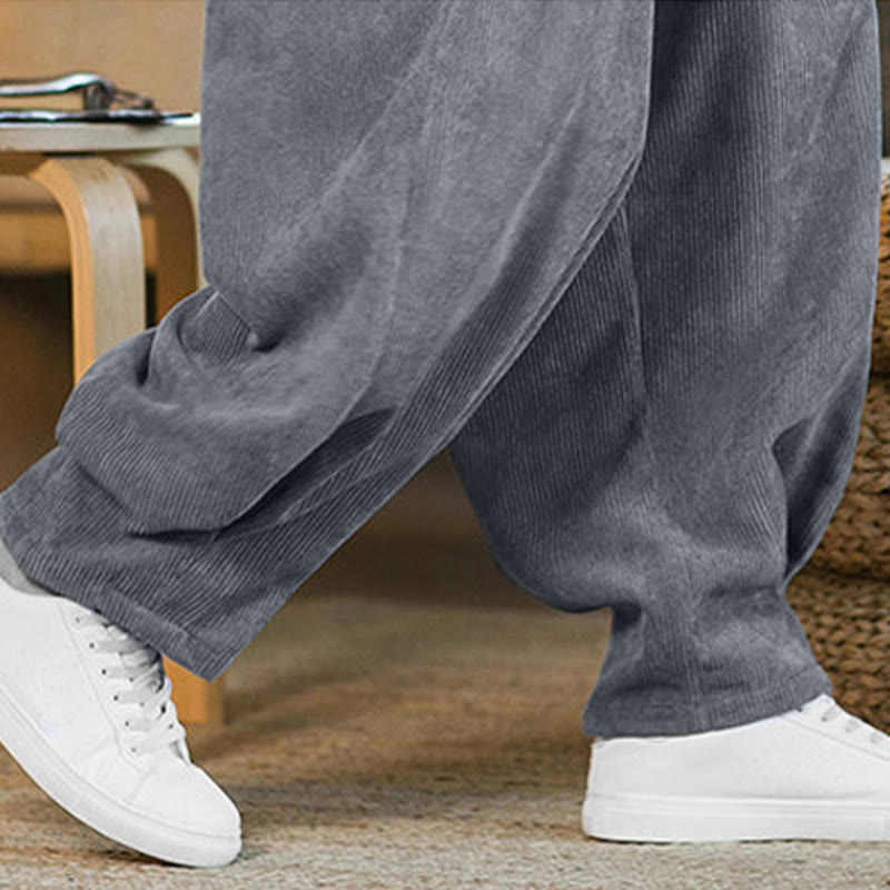 Nimara Ritual Retro Men's Plain Fleece-Lined Corduroy Simple Design Harem Pants With Pockets