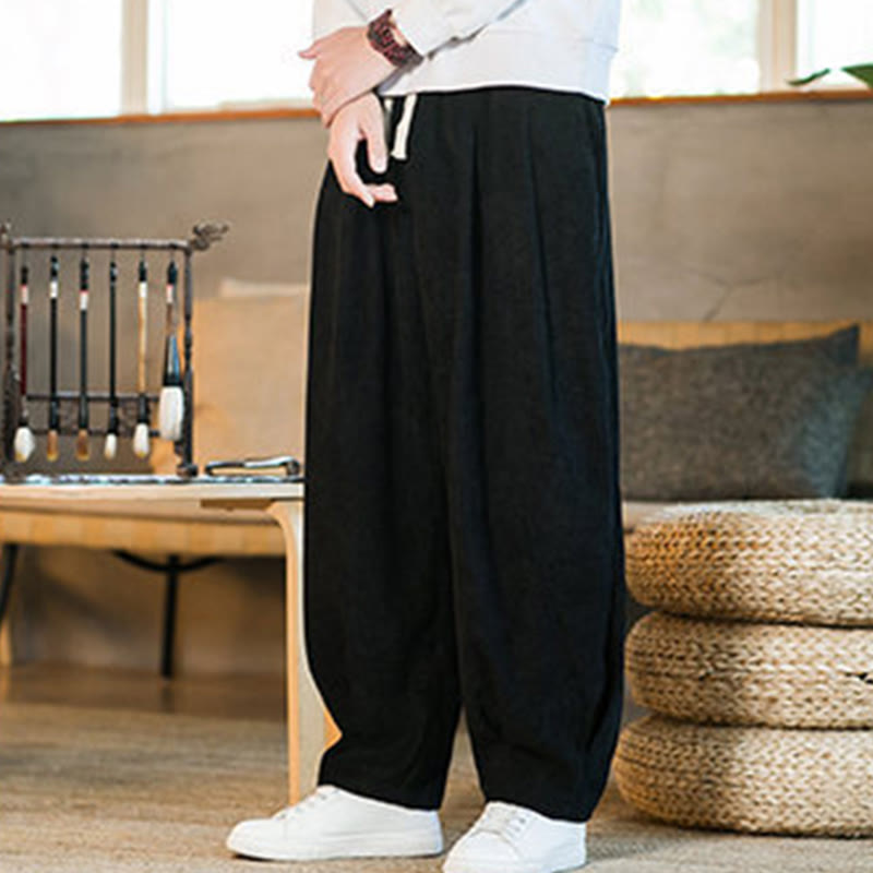 Nimara Ritual Retro Men's Plain Fleece-Lined Corduroy Simple Design Harem Pants With Pockets
