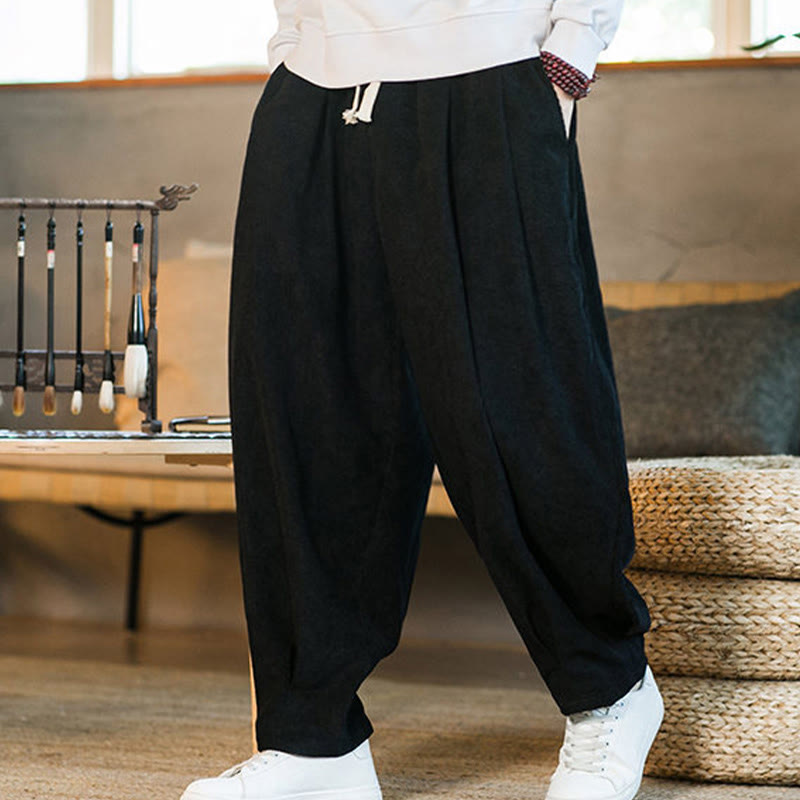 Nimara Ritual Retro Men's Plain Fleece-Lined Corduroy Simple Design Harem Pants With Pockets