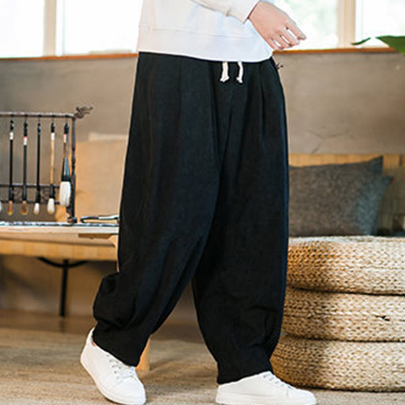 Nimara Ritual Retro Men's Plain Fleece-Lined Corduroy Simple Design Harem Pants With Pockets