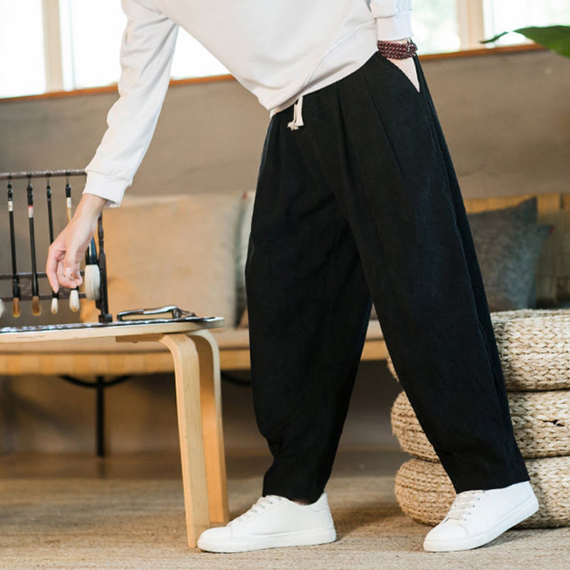 Nimara Ritual Retro Men's Plain Fleece-Lined Corduroy Simple Design Harem Pants With Pockets