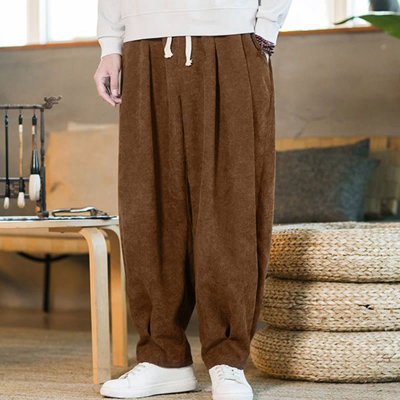 Nimara Ritual Retro Men's Plain Fleece-Lined Corduroy Simple Design Harem Pants With Pockets