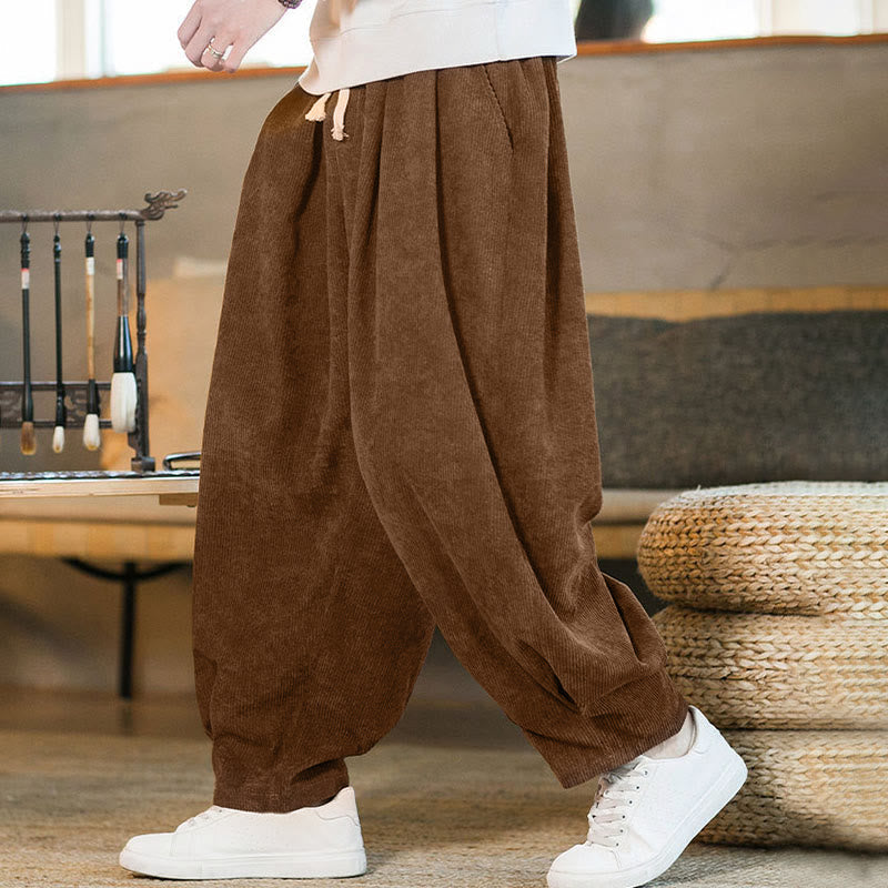 Nimara Ritual Retro Men's Plain Fleece-Lined Corduroy Simple Design Harem Pants With Pockets