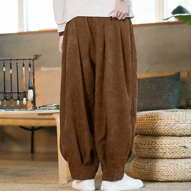 Nimara Ritual Retro Men's Plain Fleece-Lined Corduroy Simple Design Harem Pants With Pockets