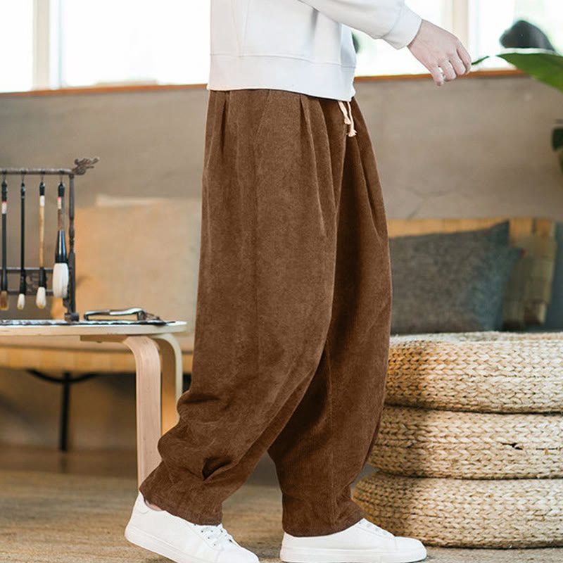 Nimara Ritual Retro Men's Plain Fleece-Lined Corduroy Simple Design Harem Pants With Pockets