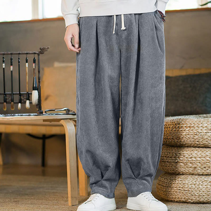 Nimara Ritual Retro Men's Plain Fleece-Lined Corduroy Simple Design Harem Pants With Pockets