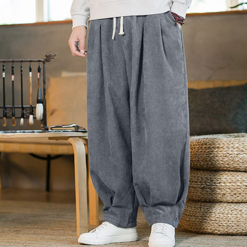Nimara Ritual Retro Men's Plain Fleece-Lined Corduroy Simple Design Harem Pants With Pockets