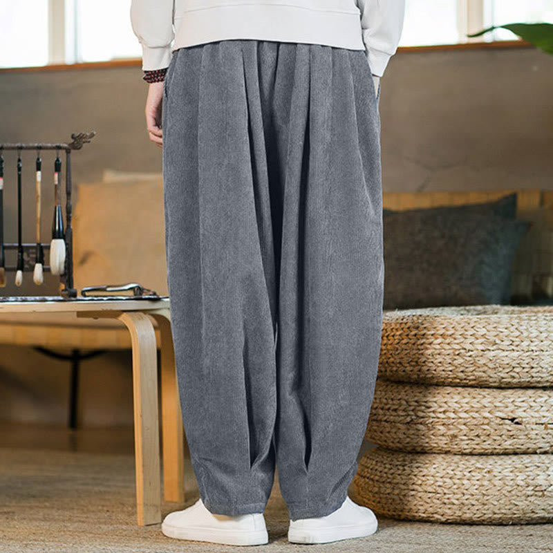Nimara Ritual Retro Men's Plain Fleece-Lined Corduroy Simple Design Harem Pants With Pockets