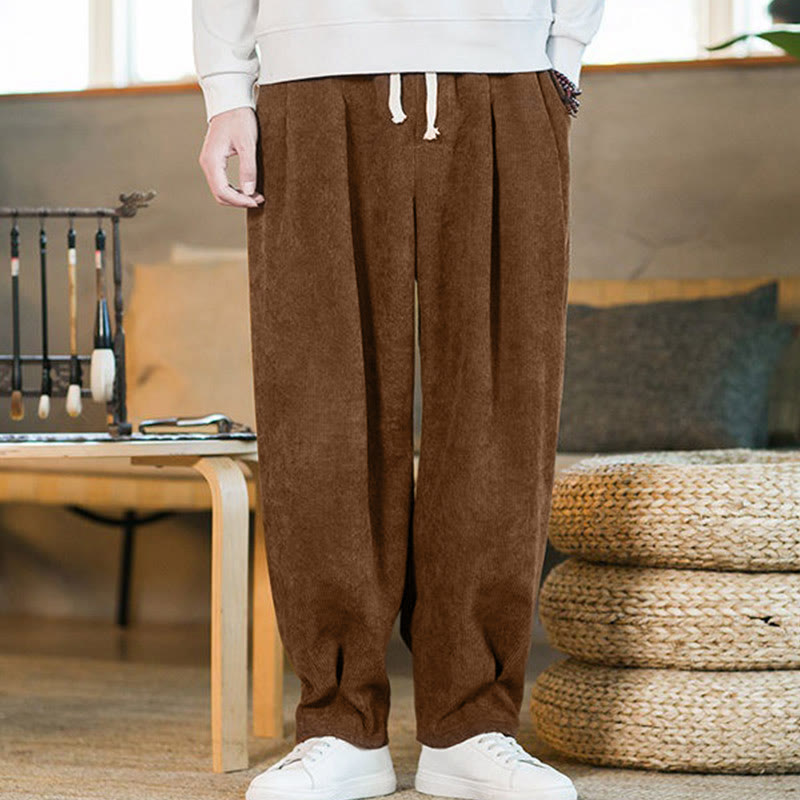 Nimara Ritual Retro Men's Plain Fleece-Lined Corduroy Simple Design Harem Pants With Pockets