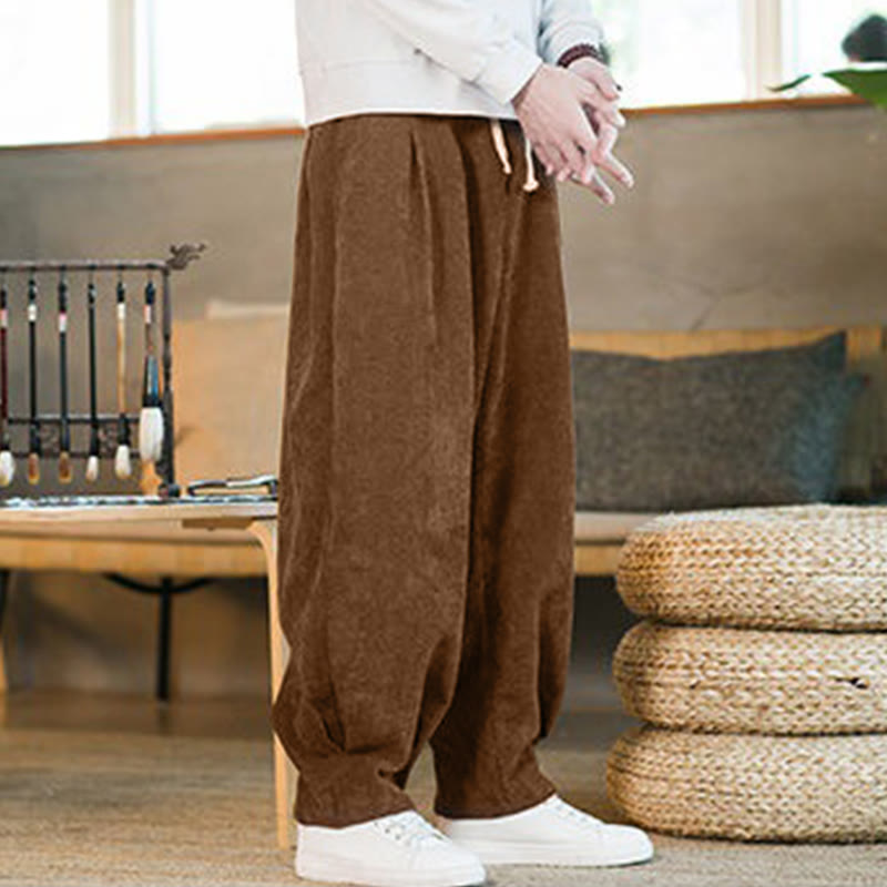 Nimara Ritual Retro Men's Plain Fleece-Lined Corduroy Simple Design Harem Pants With Pockets
