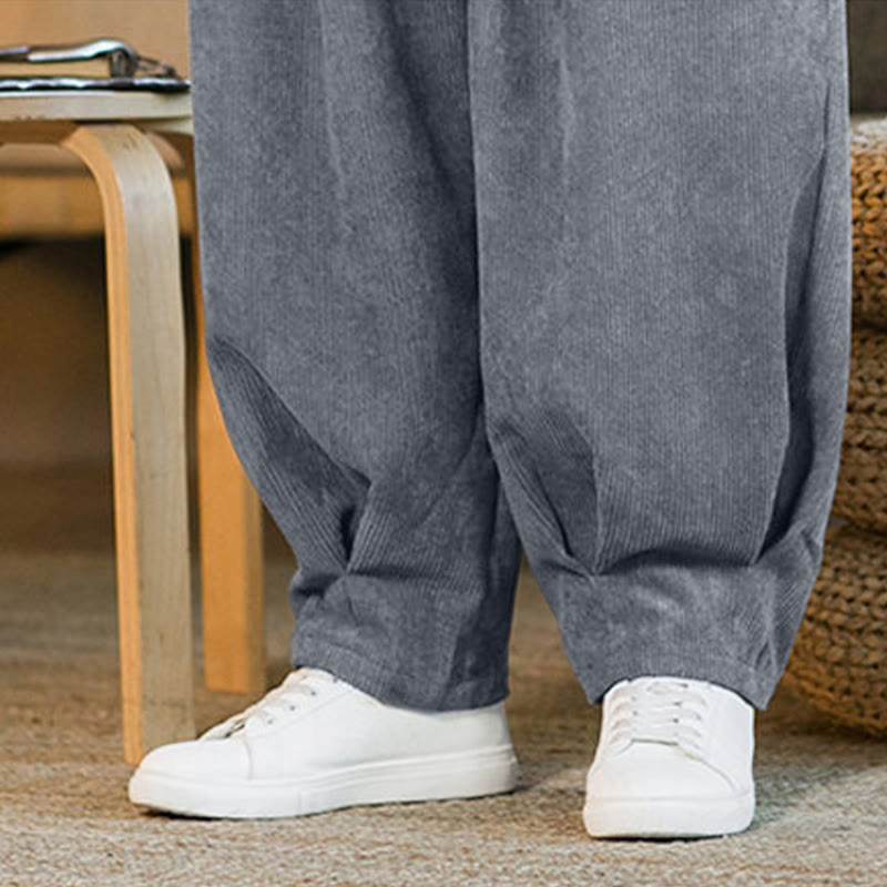 Nimara Ritual Retro Men's Plain Fleece-Lined Corduroy Simple Design Harem Pants With Pockets