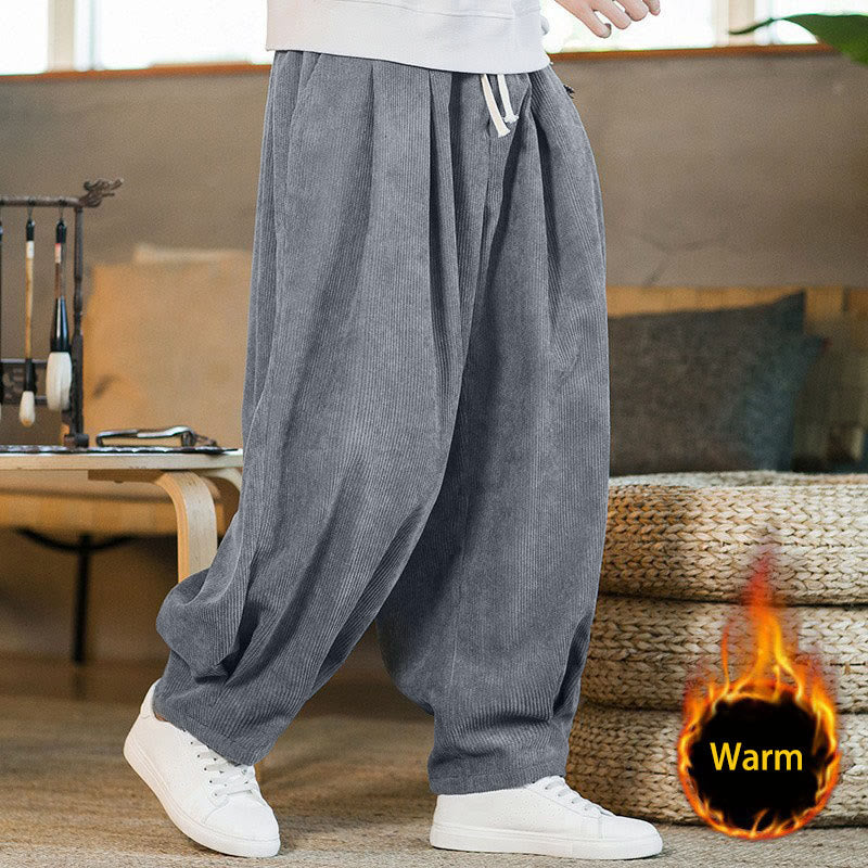 Nimara Ritual Retro Men's Plain Fleece-Lined Corduroy Simple Design Harem Pants With Pockets