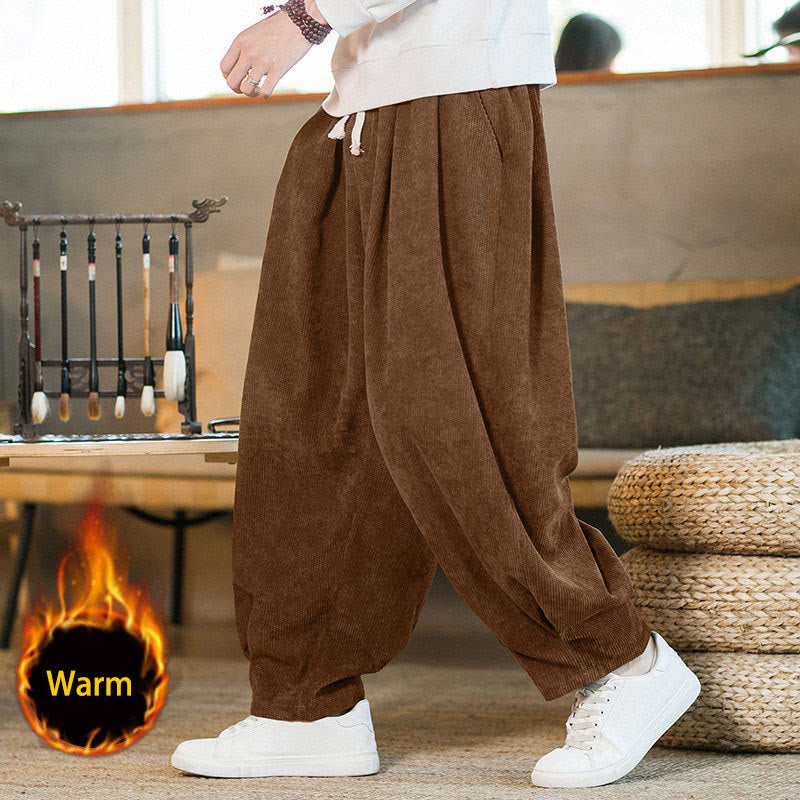 Nimara Ritual Retro Men's Plain Fleece-Lined Corduroy Simple Design Harem Pants With Pockets