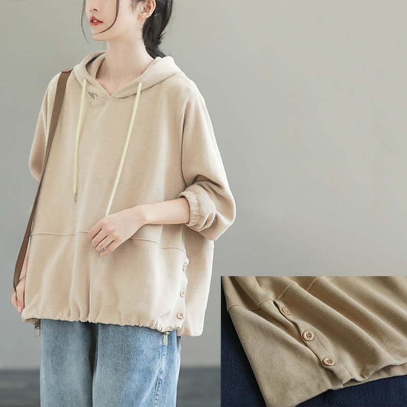 Nimara Ritual Fall Solid Color Side Buttons Cotton Long Sleeve Women's Hoodie