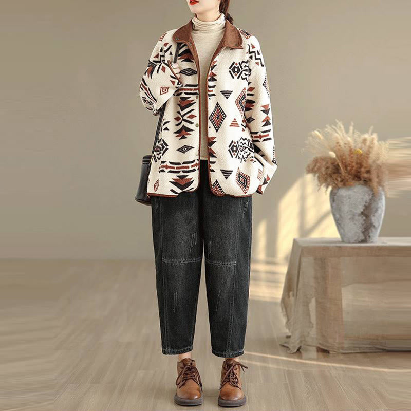 Nimara Ritual Fall Winter Buttons Geometric Patterns Long Sleeve Cotton Women's Jacket