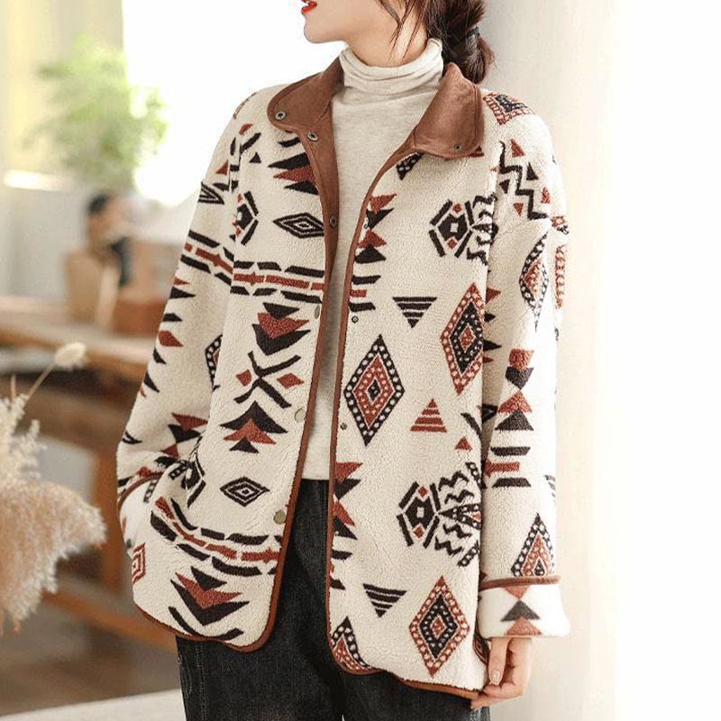 Nimara Ritual Fall Winter Buttons Geometric Patterns Long Sleeve Cotton Women's Jacket
