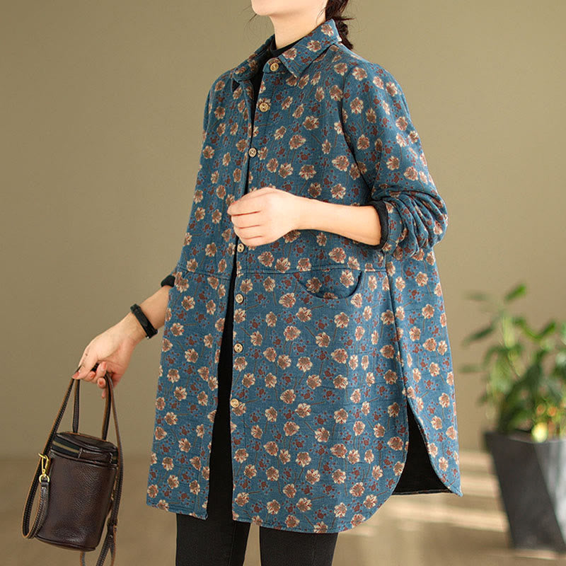 Nimara Ritual Fall Winter Buttons Flower Patterns Long Sleeve Cotton Women's Jacket With Pockets
