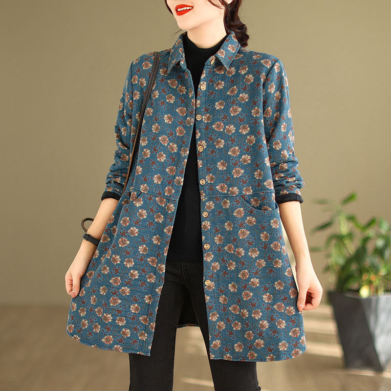 Nimara Ritual Fall Winter Buttons Flower Patterns Long Sleeve Cotton Women's Jacket With Pockets