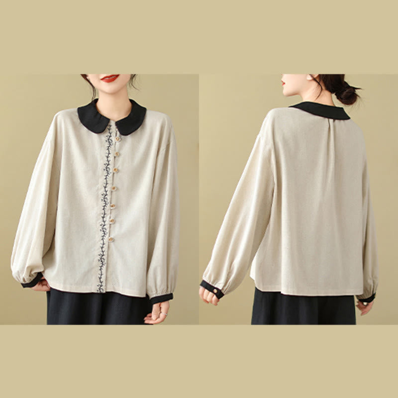 Nimara Ritual Spring Embroidery Buttons Design Women's Cotton Peter Pan Collar Long Sleeve Shirt
