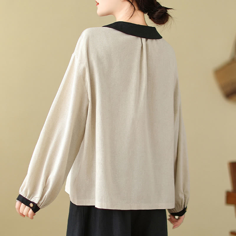 Nimara Ritual Spring Embroidery Buttons Design Women's Cotton Peter Pan Collar Long Sleeve Shirt