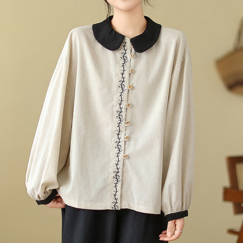 Nimara Ritual Spring Embroidery Buttons Design Women's Cotton Peter Pan Collar Long Sleeve Shirt