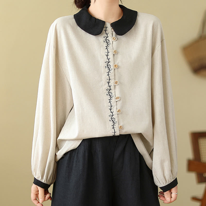 Nimara Ritual Spring Embroidery Buttons Design Women's Cotton Peter Pan Collar Long Sleeve Shirt