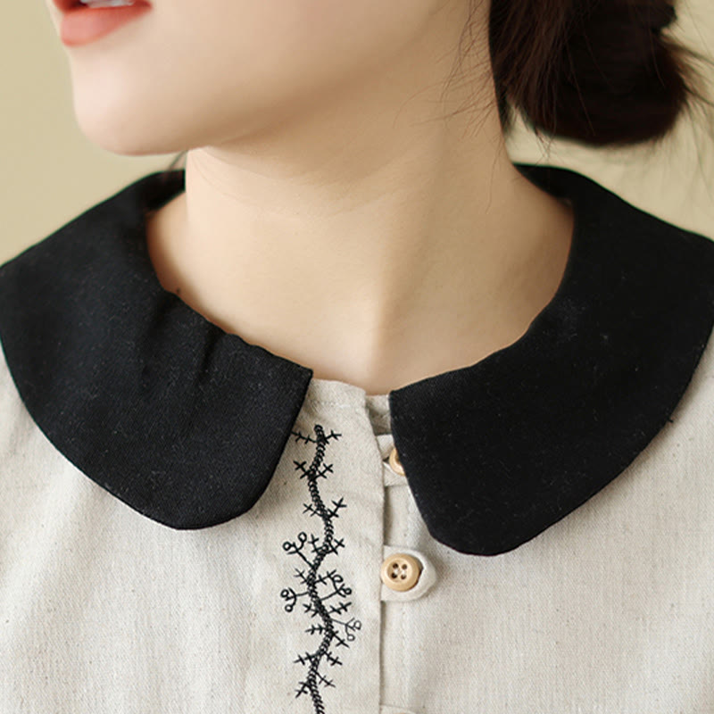 Nimara Ritual Spring Embroidery Buttons Design Women's Cotton Peter Pan Collar Long Sleeve Shirt