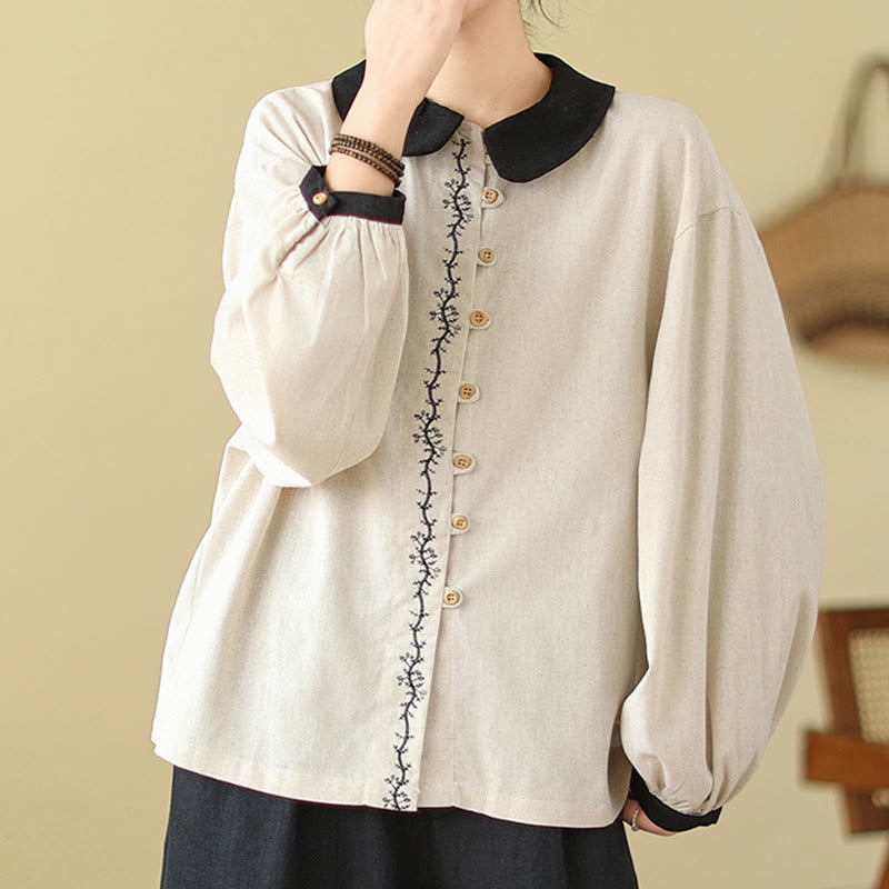 Nimara Ritual Spring Embroidery Buttons Design Women's Cotton Peter Pan Collar Long Sleeve Shirt