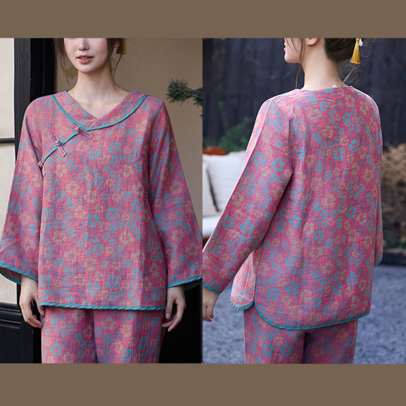 Nimara Ritual 2pcs Floral Pattern Frog-Button Long Sleeve Round Neck Shirt Pants Cotton Pajamas Set