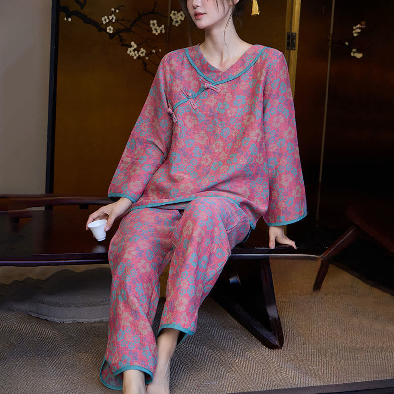 Nimara Ritual 2pcs Floral Pattern Frog-Button Long Sleeve Round Neck Shirt Pants Cotton Pajamas Set