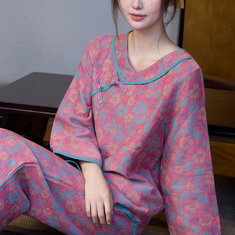 Nimara Ritual 2pcs Floral Pattern Frog-Button Long Sleeve Round Neck Shirt Pants Cotton Pajamas Set