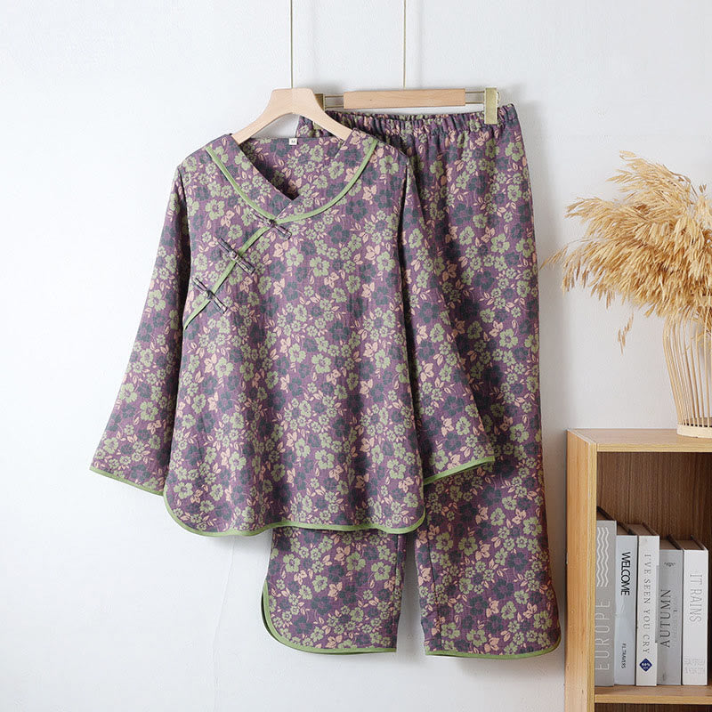 Nimara Ritual 2pcs Floral Pattern Frog-Button Long Sleeve Round Neck Shirt Pants Cotton Pajamas Set